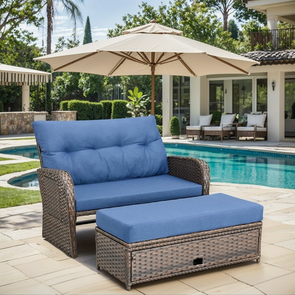 Parkwell Outdoor Patio Wicker Daybed,Rattan Loveseat Sofa with Built-in Storage, Adjustable Backrest, and Retractable Tray,Brown/Navy