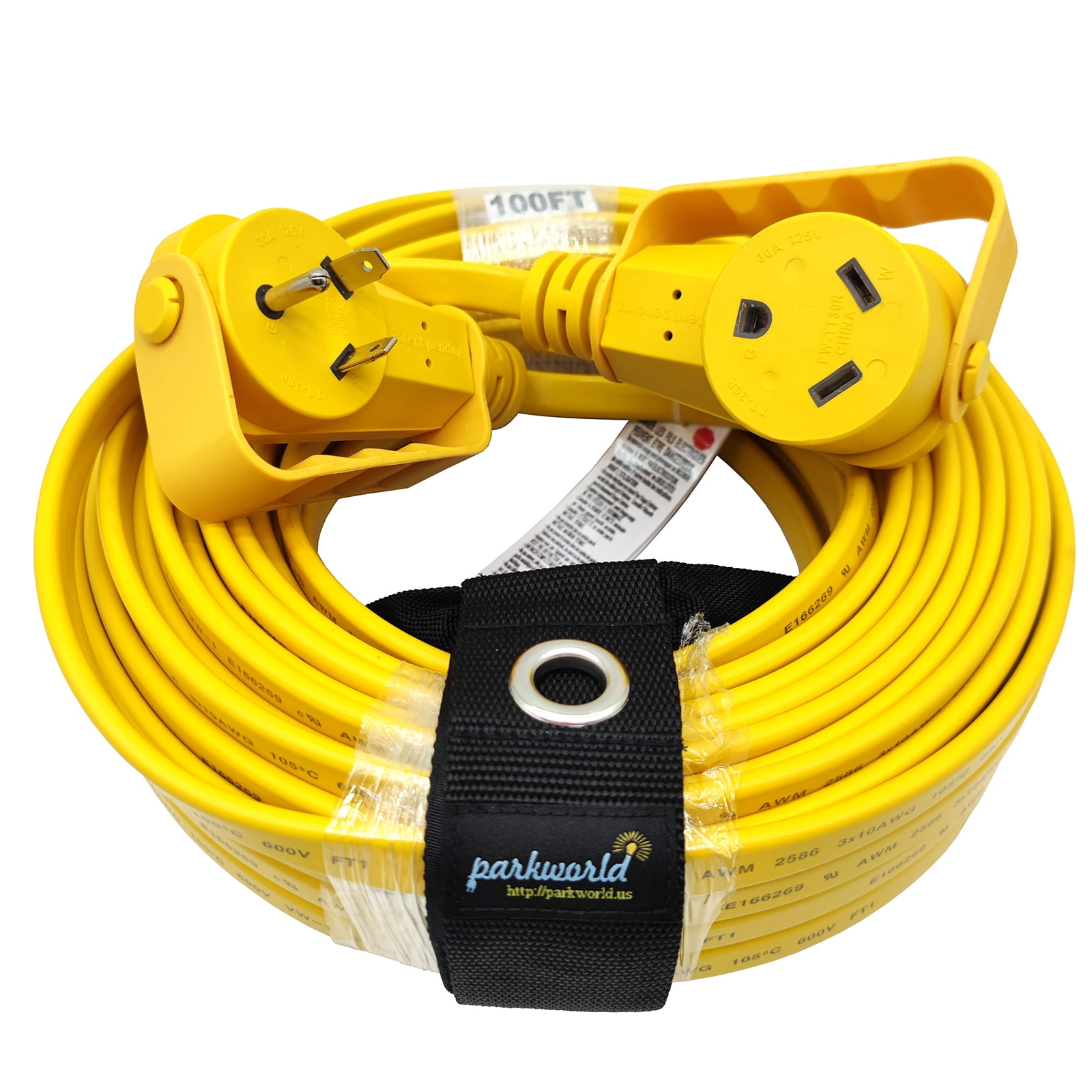 Parkworld 64392 RV 30A Extension Cord NEMA TT-30 with Handle, Camper 30amp TT-30P to TT-30R Flat Cable (100FT)