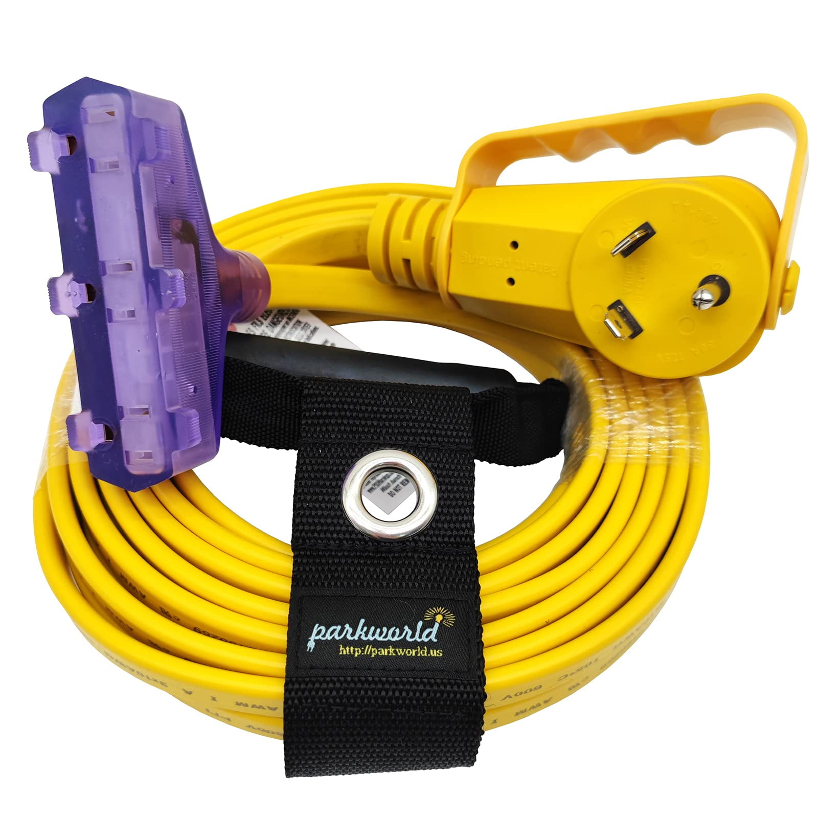 Parkworld 64590 RV 30A to (3) 15A Tri Outlet Household Adapter Cord 125V, Male with Swing-Handle TT-30P to (3) 5-15R Female with Lighted (25FT)