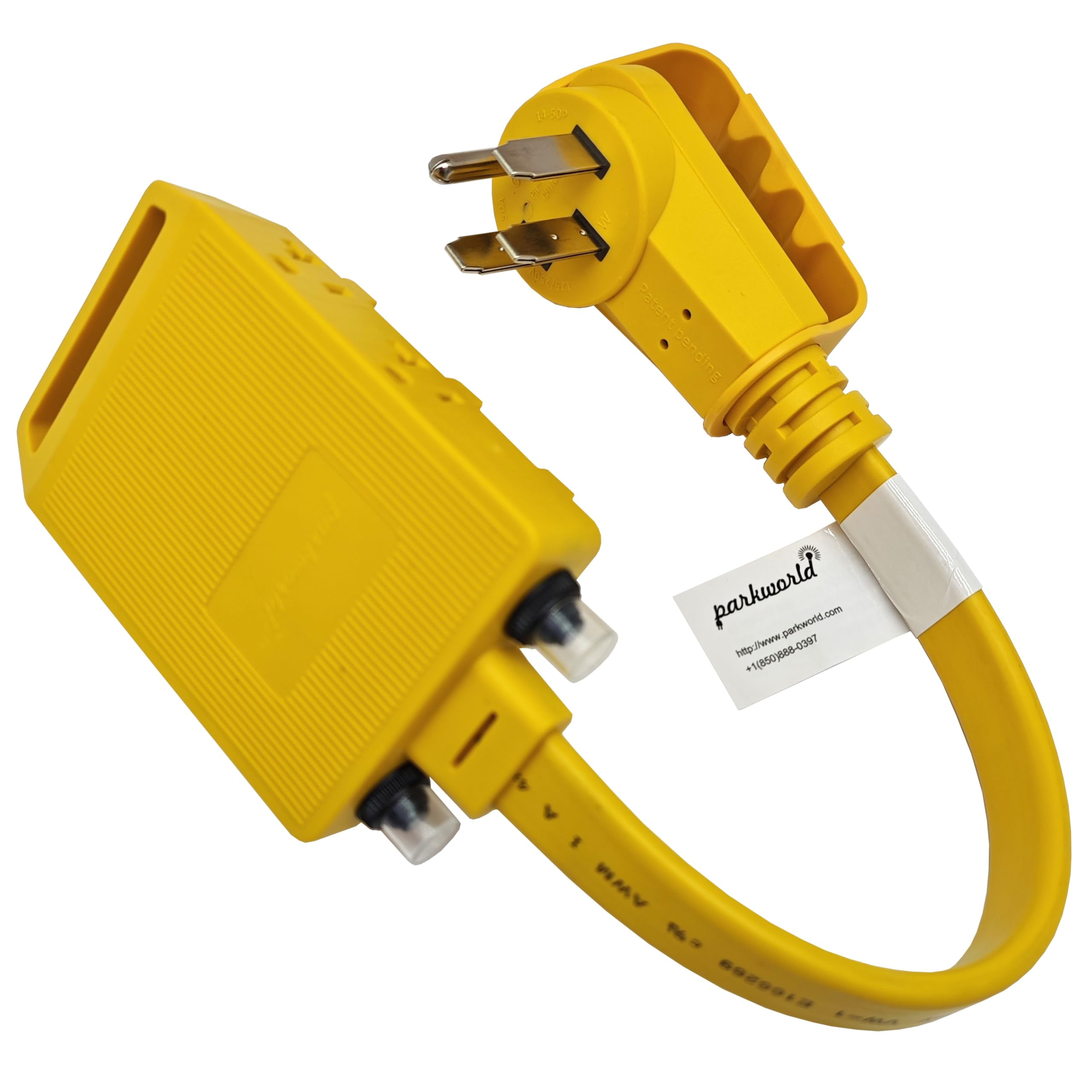 Parkworld 64668F RV 50A to 20A, 220v to 110v Flat Cord Adapter NEMA 14-50P Male 4-prong Plug with Handle to (4) 5-20R T-Blade Household 5-15R Four Outlets Female with Two of 20amp Circuit Breaker