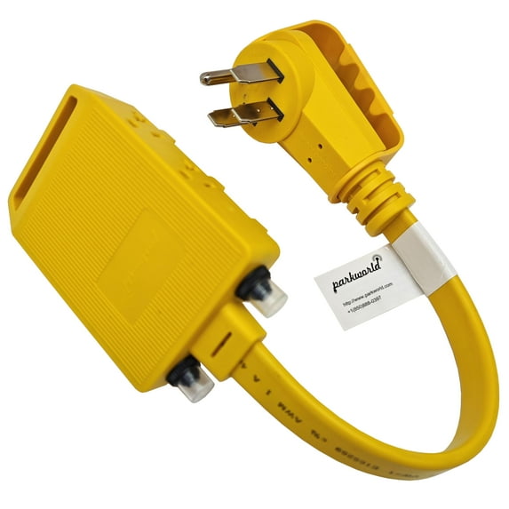 Parkworld 64668F RV 50A to 20A, 220v to 110v Flat Cord Adapter NEMA 14-50P Male 4-prong Plug with Handle to (4) 5-20R T-Blade Household 5-15R Four Outlets Female with Two of 20amp Circuit Breaker
