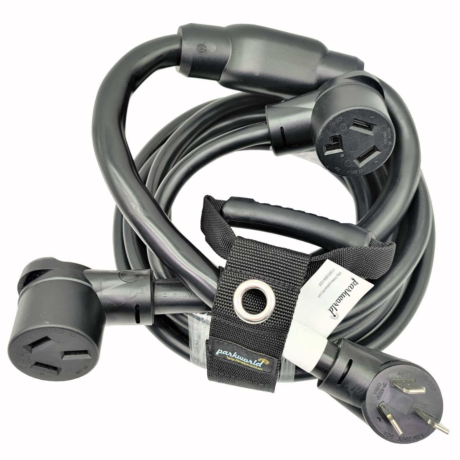 Parkworld 68000 NEMA 10-50 Splitter Cord, Industrial Male Plug 10-50P to 10-30R and 10-50R outlets, 20 feet to 10-30 Female