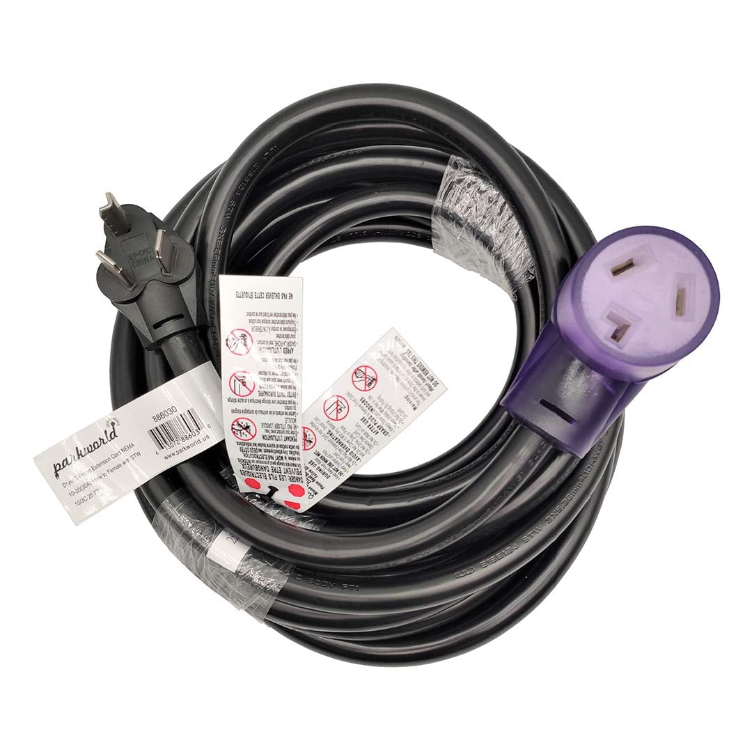 Parkworld 886030 Dryer 3 Prong 30A Extension Cord NEMA 10-30P to 10-30R, 30A, 250V, 7500W (25FT)