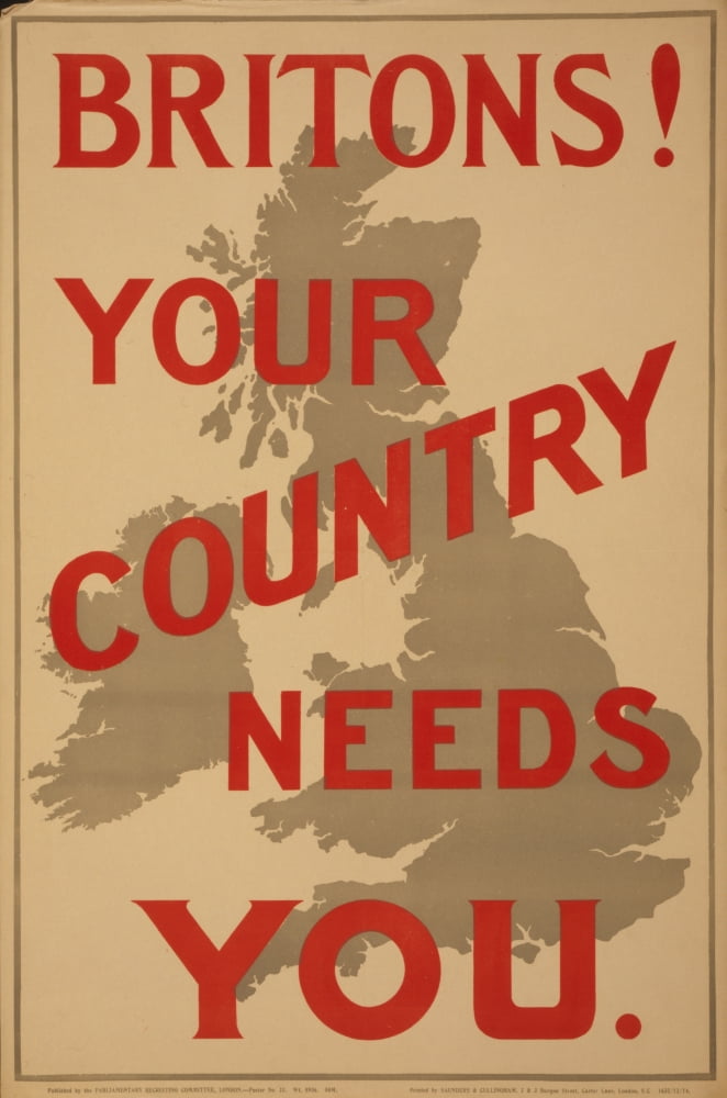 Parliamentary Rec Com WWI Recruitment Poster 1914 Britons Your Country Needs You Canvas Art - (24 x 36)