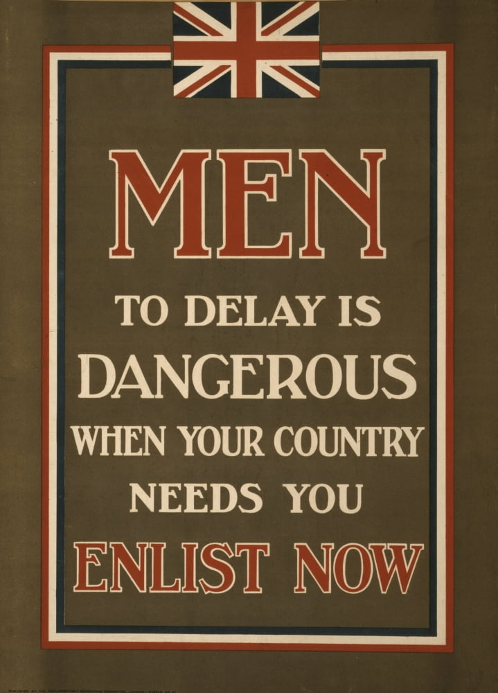 Parliamentary Rec Com WWI Recruitment Poster 1915 Delay is Dangerous Enlist now Canvas Art - (18 x 24)