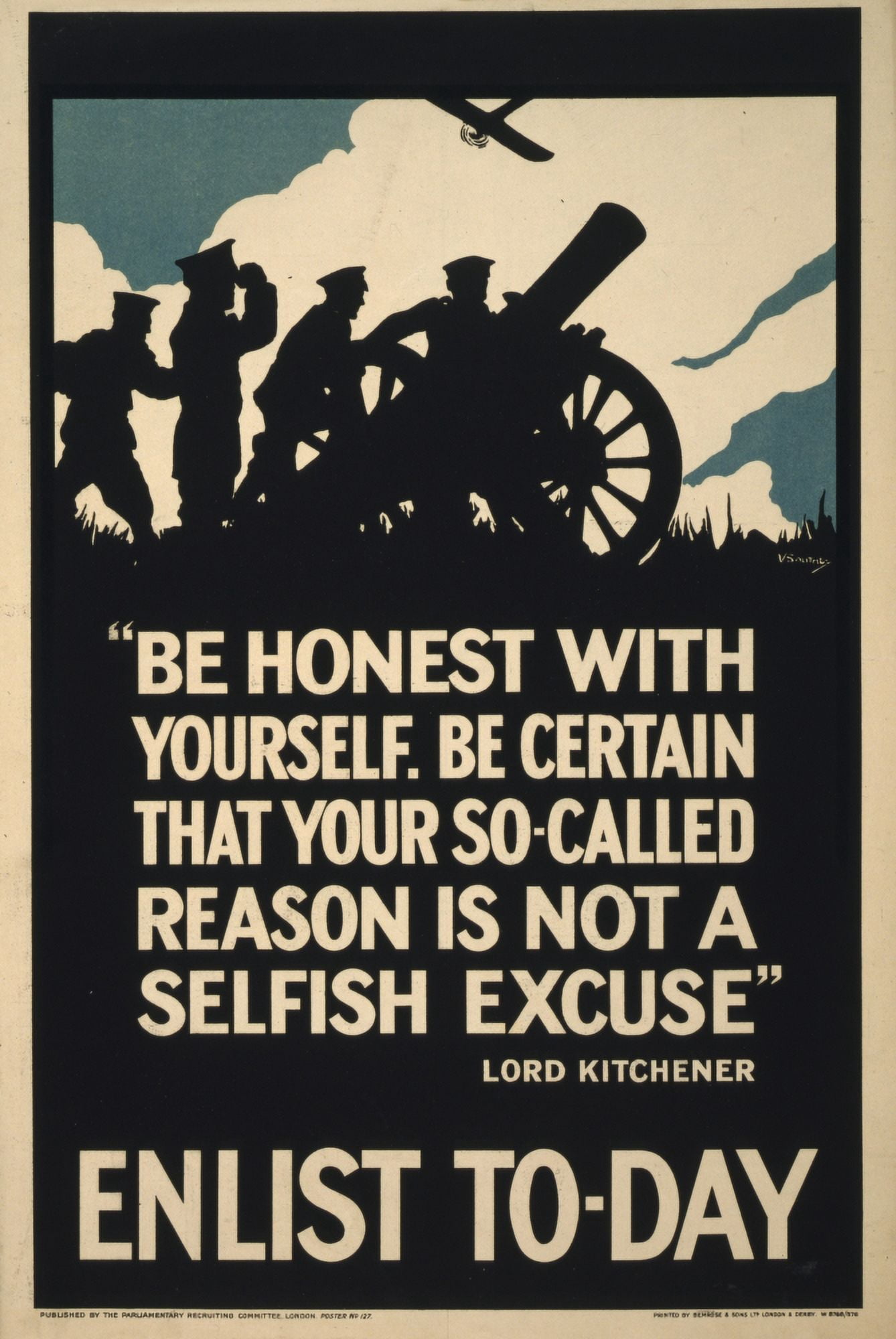 Parliamentary Rec Com WWI Recruitment Poster 1915 Enlist Today Lord Kitchener Canvas Art -  (24 x 36)