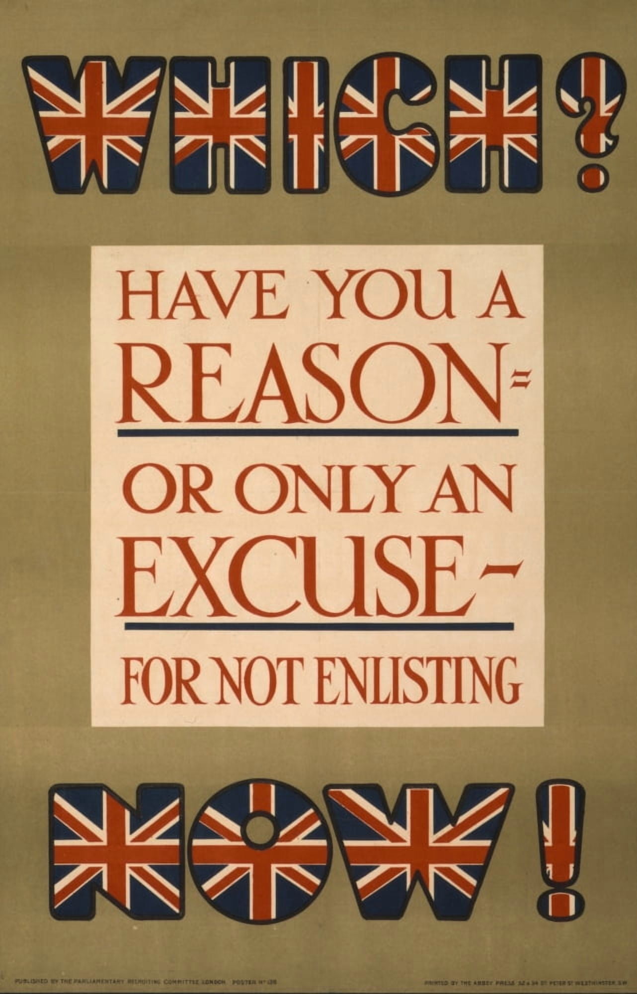 Parliamentary Rec Com WWI Recruitment Poster 1915 Which have you a reason Canvas Art - (24 x 36)
