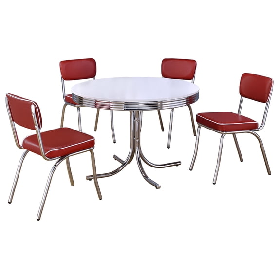 Parlisse White 5-Piece Round Dining Set - 42" Metal Table & 4 Chairs, White Finish, Seats 4, Retro Diner Chic, Dining Room Set, Metal Frame, Fabric Upholstery.