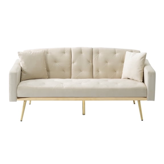Parlor Dream 75.5” Velvet Upholstered Sofa with Round Arms, 2 Seater with Rubber Wood Legs for Living room and Bedroom, Beige