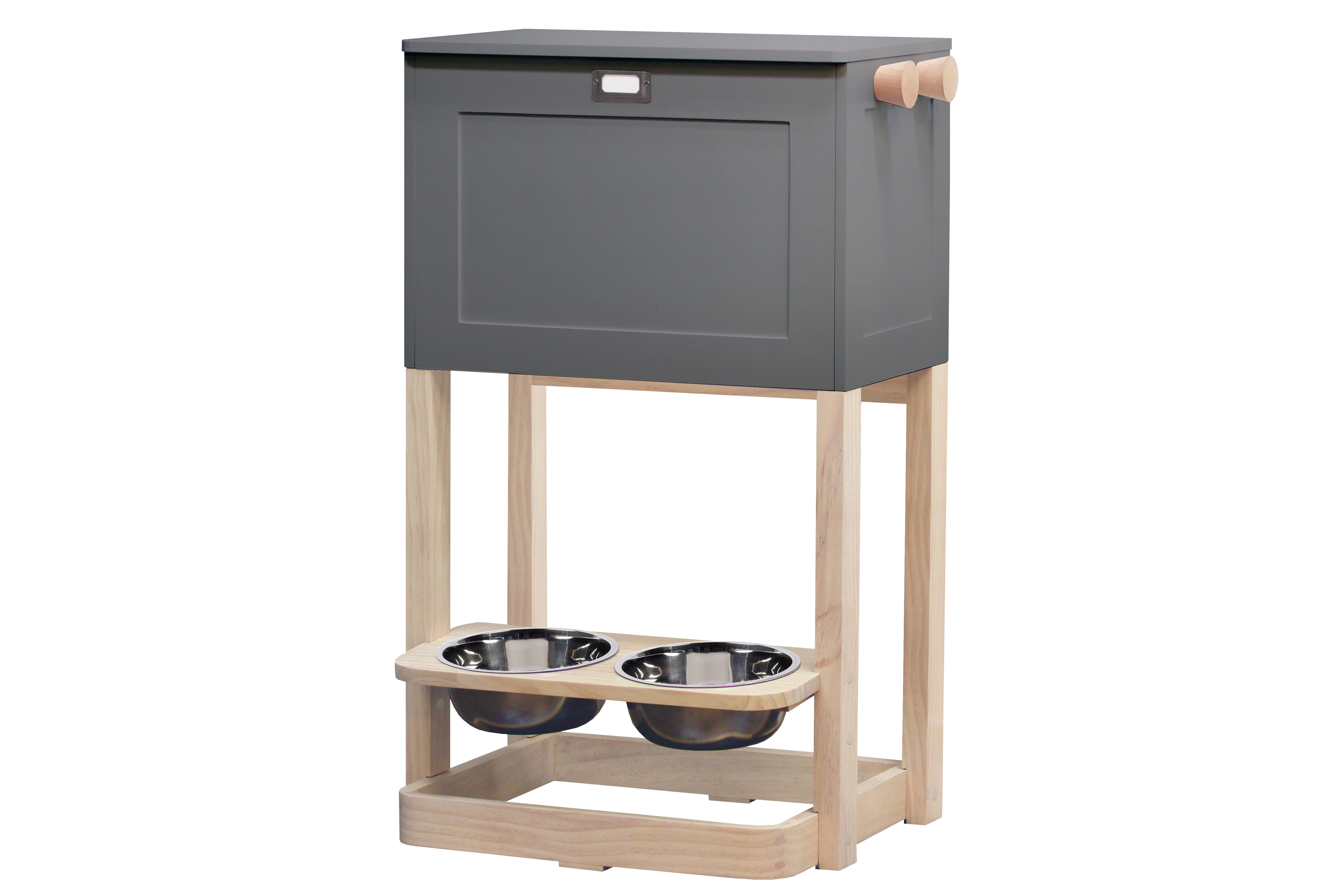 Gray Elevated Pet Feeding Station with Storage and Hooks