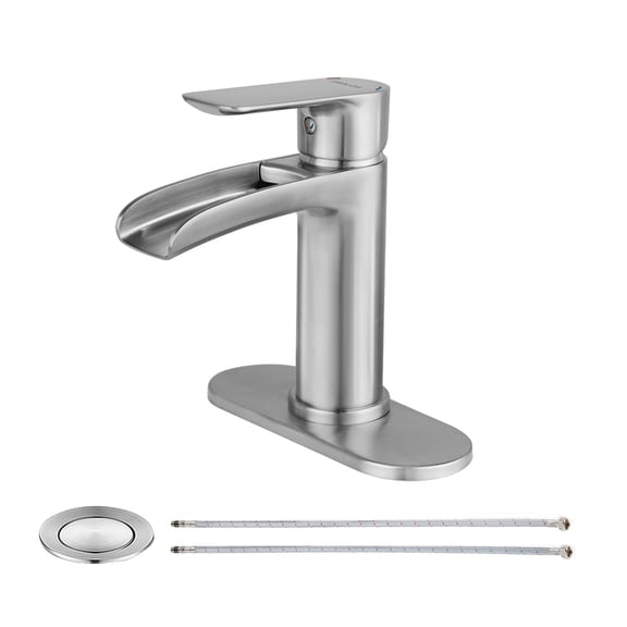 PARLOS One-handle Single Hole Waterfall Bathroom Faucet with Metal Pop-up Drain and Supply Lines, Brushed Nickel