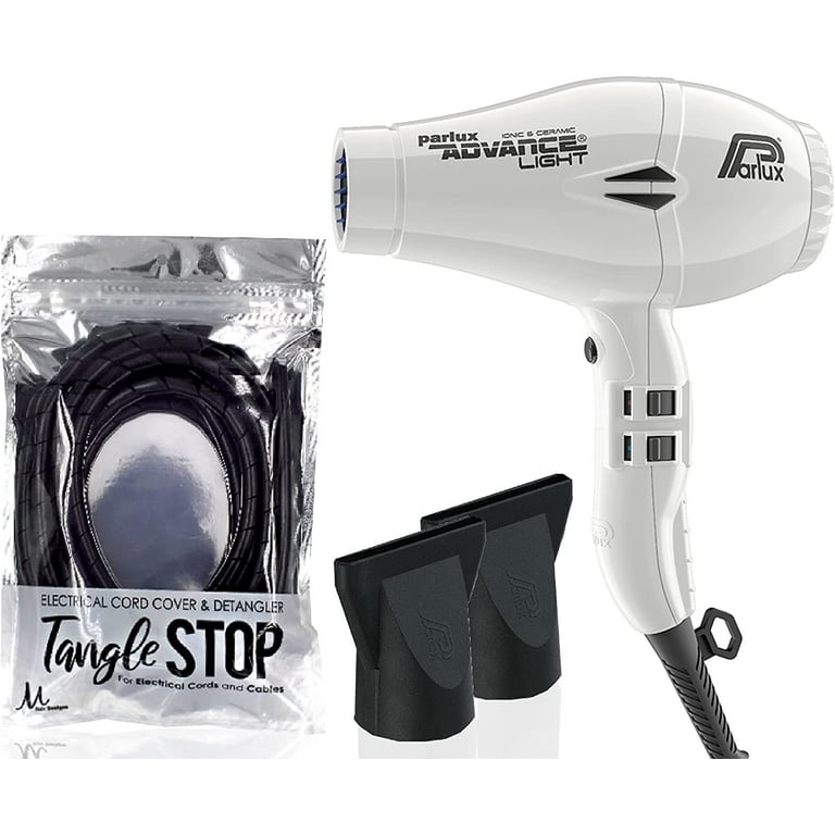 Parlux Advance Light Ionic Ceramic White Hair Dryer and M Hair Designs Tangle Stop Cord Cover Detangler Black Bundle 2 Items