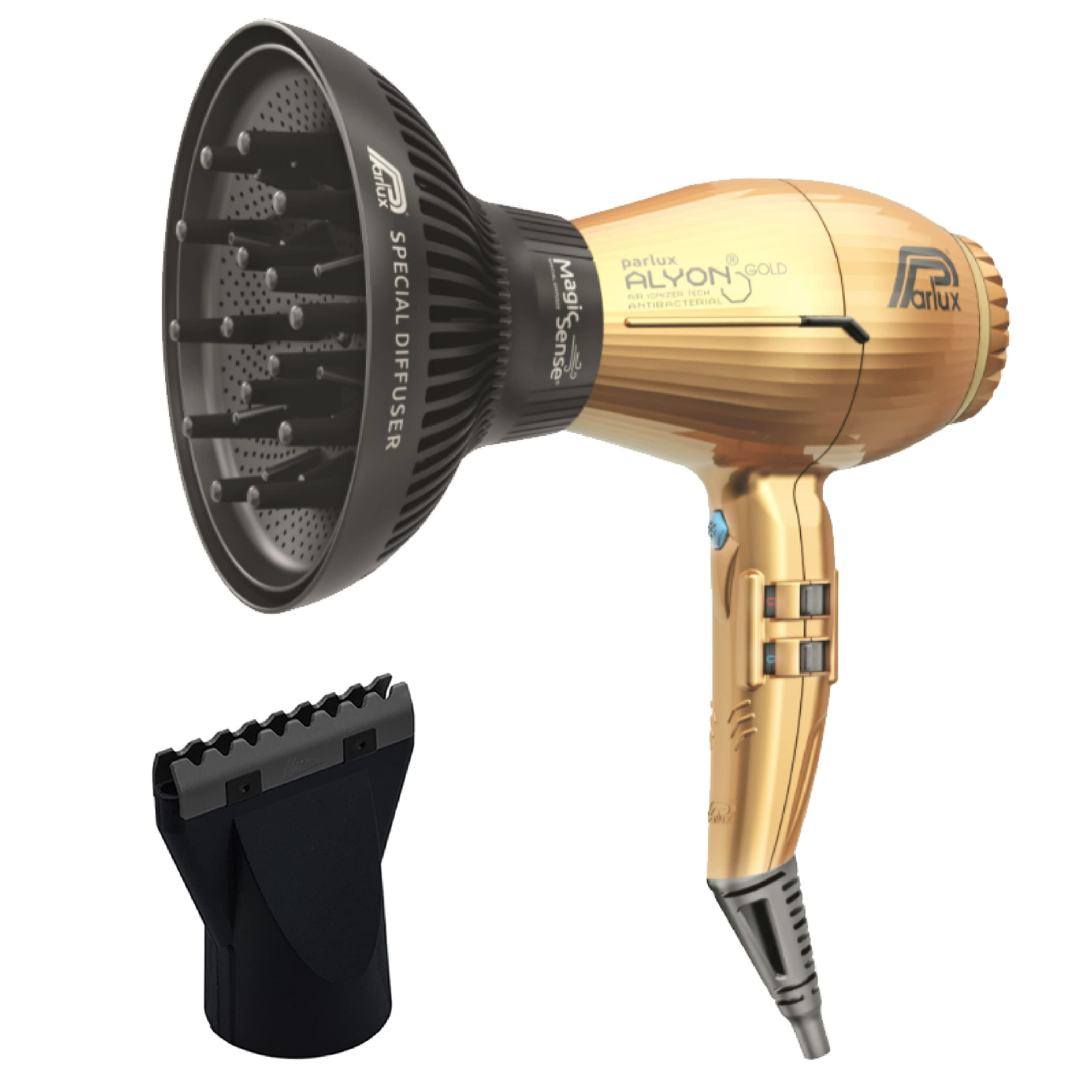 Parlux Alyon Gold Hair Dryer with Magic Sense Special Diffuser and M Hair  Designs Hot Blow Attachment Black (Bundle - 2 Items) 