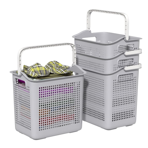 Parlynies 40L Easy Carry Plastic Laundry Hamper, Dirty Clothing Storage Organizer Basket with Handles for Dorm, Bathroom, 4-Pack(Gray)