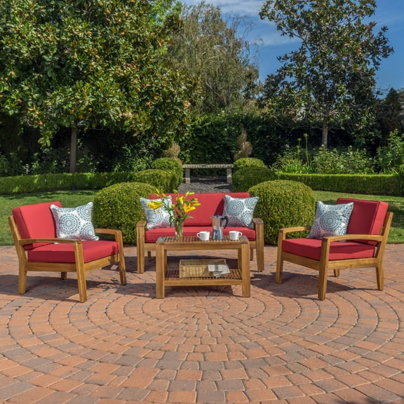 Parma 4 Piece Outdoor Wood Patio Furniture Chat Set with Water Resistant Cushions, Red