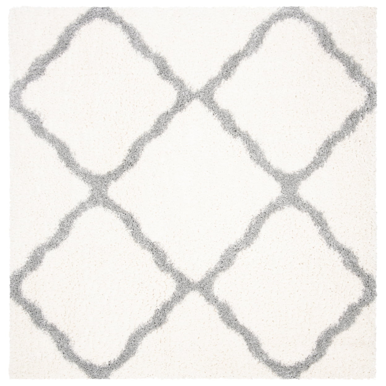 Hand-Knotted Cream and Grey Synthetic Shag Area Rug, 6'7" Square