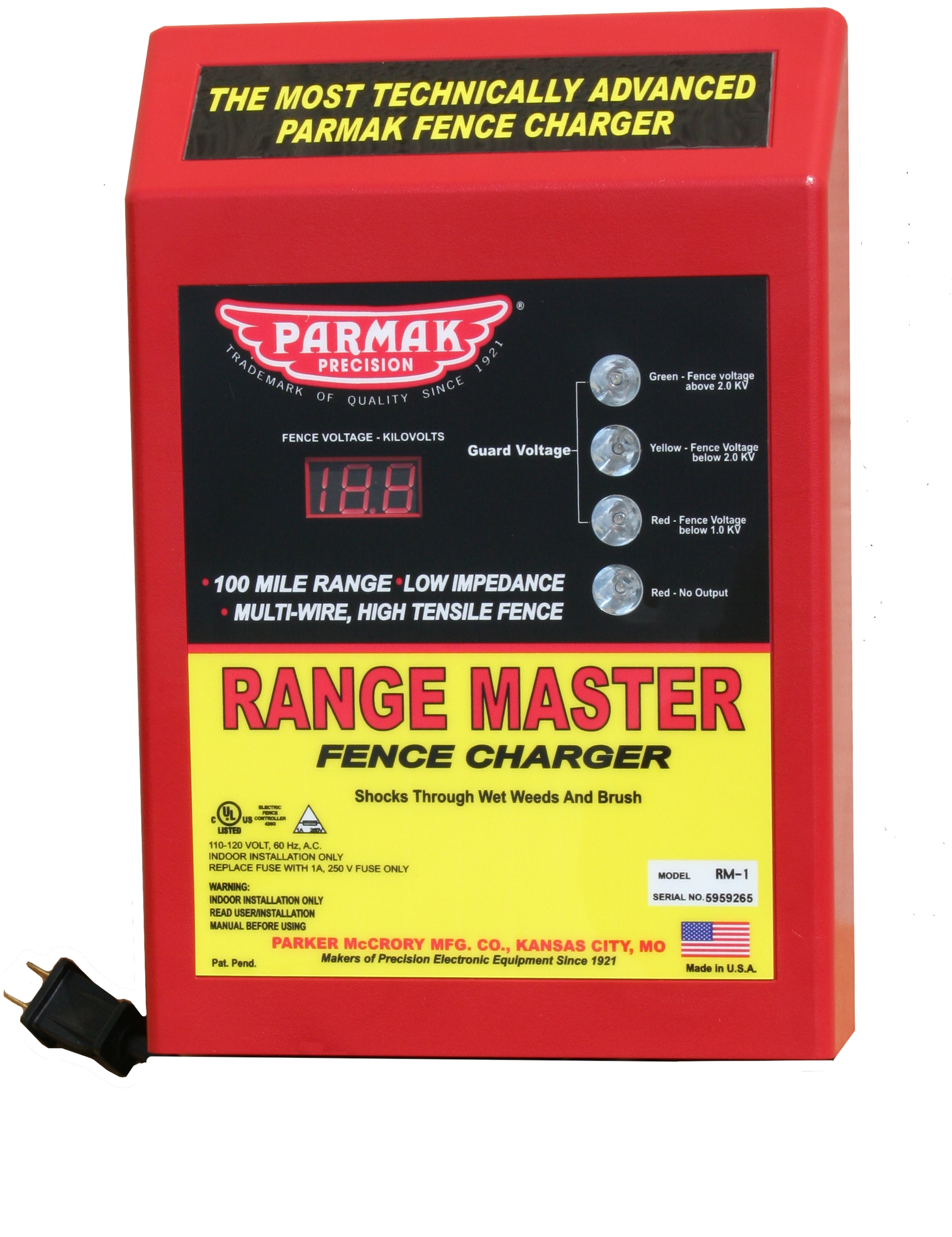 Parmak RM-1 Range Master, 100 Miles, Low Impedance Digital Fence Charger, 110-120 Volt, AC Operated