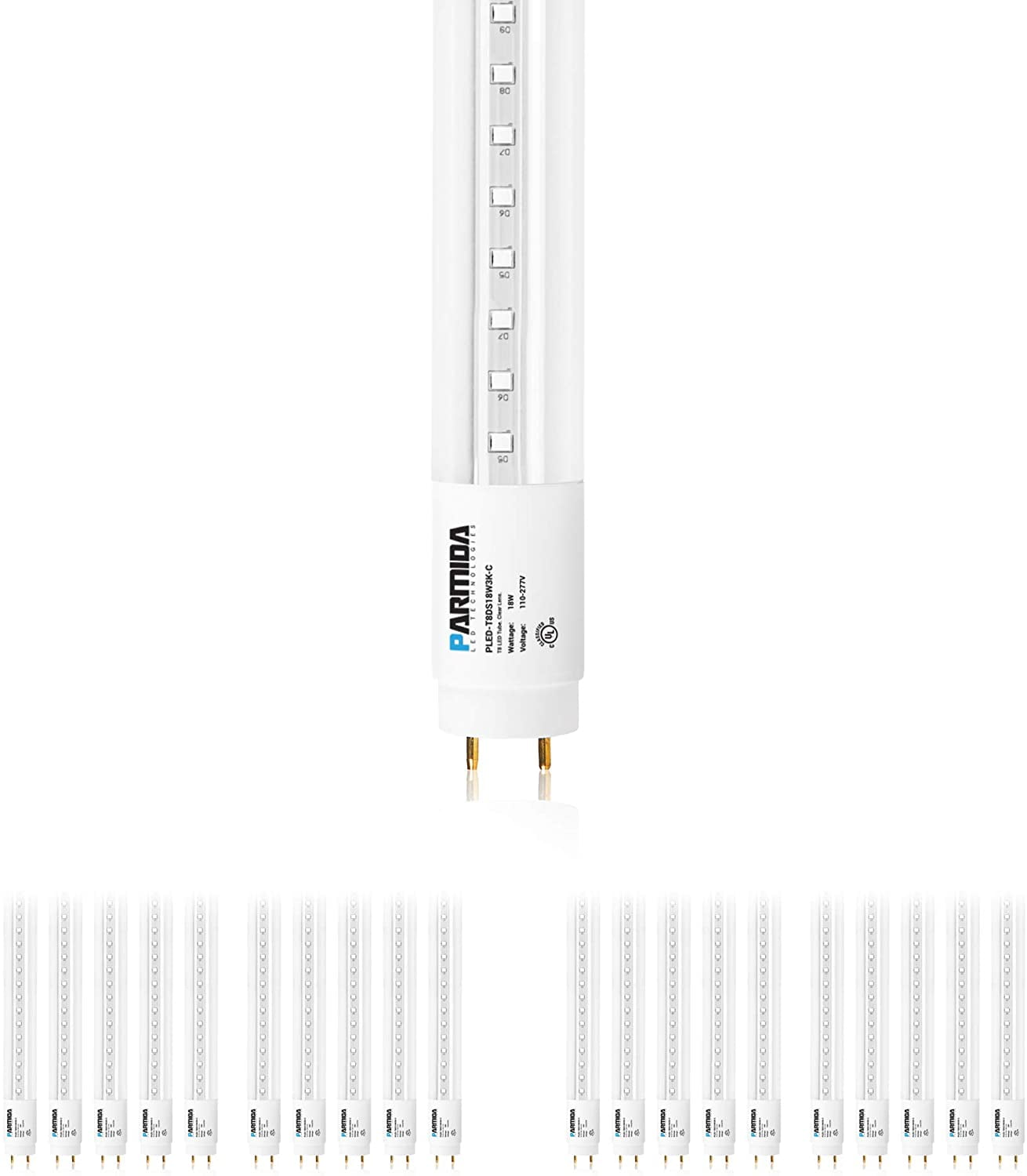 Parmida LED 4FT T8 Ballast Bypass Type B Light Tube, Clear Lens, 18W, 2200lm, 20 Pack