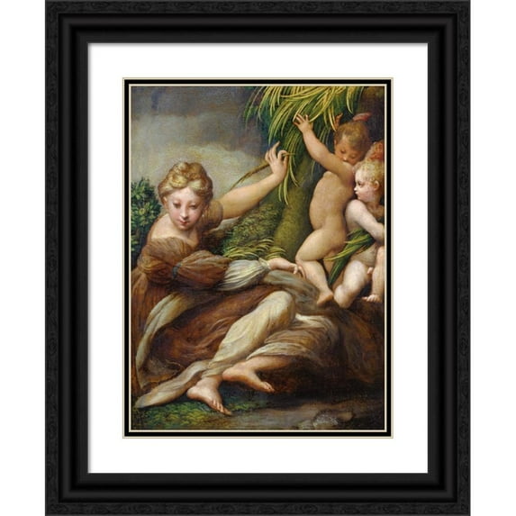 Parmigianino 11x14 Black Ornate Wood Framed Double Matted Museum Art Print Titled: Female Martyr with Angels (Saint Catherine of Alexandria) (ca. 1523 - 1524)