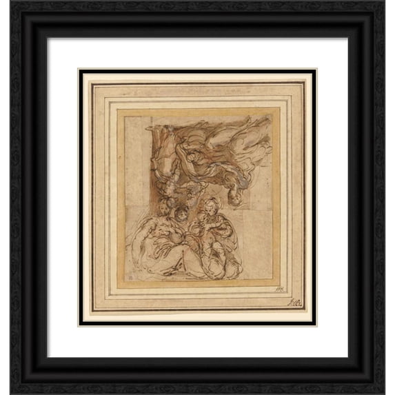 Parmigianino 20x21 Black Ornate Framed Double Matted Museum Art Print Titled: Two Studies for a Holy Family (1526)