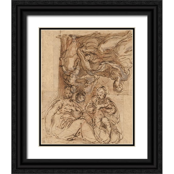 Parmigianino 20x24 Black Ornate Wood Framed with Double Matting Museum Art Print Titled - Two Studies for a Holy Family