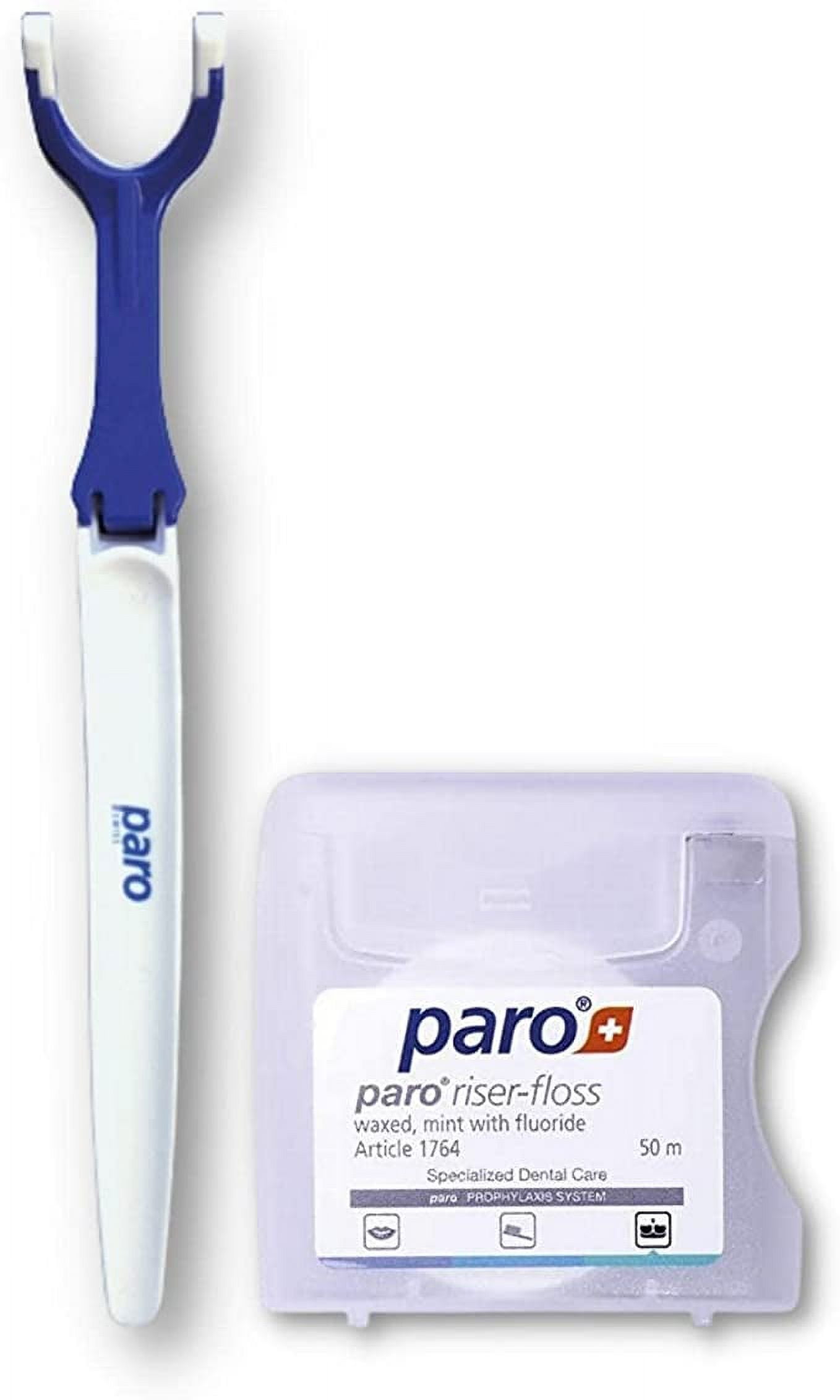 Paro Floss Holder and Paro Riser Floss Mint Waxed Fluoridated Floss 50M