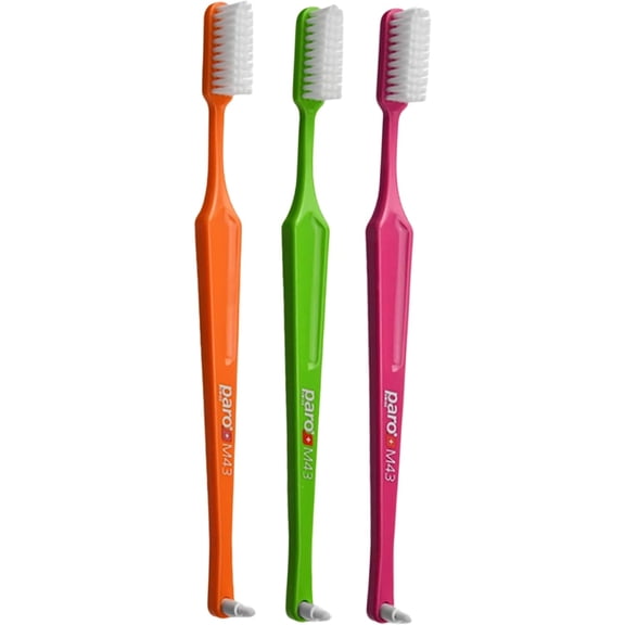 Paro M43 Toothbrush 708 | Compact Brush Head with Medium Bristles and Exchangeable Inter Space F | 4 Rows, 43 Tufts (3 Pack Multi Color)