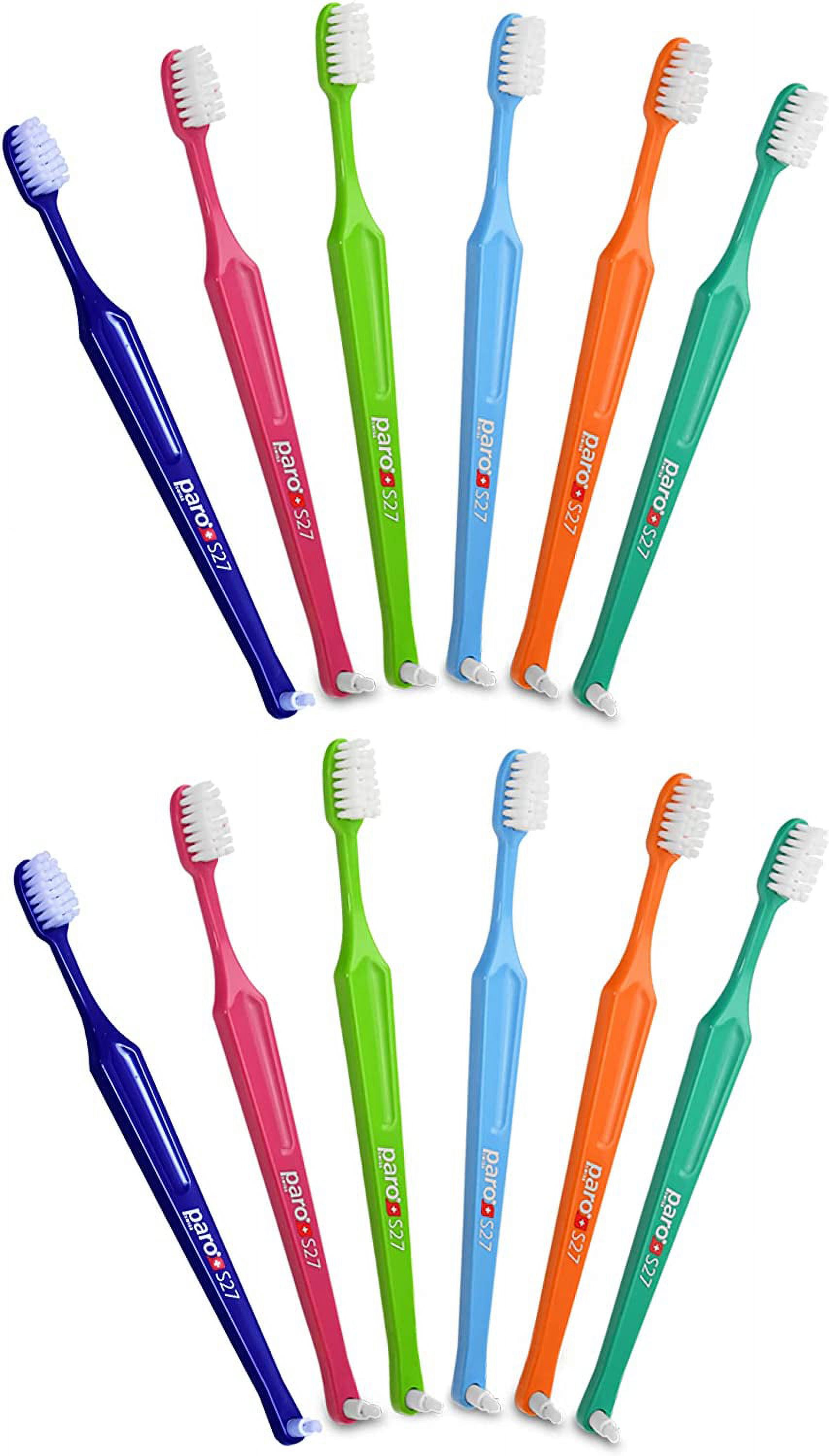 Paro S27 Toothbrush | Small Brush Head with Soft Bristles and Short Handle with Exchangeable Inter Space F | 27 Tufts | 12 Pack