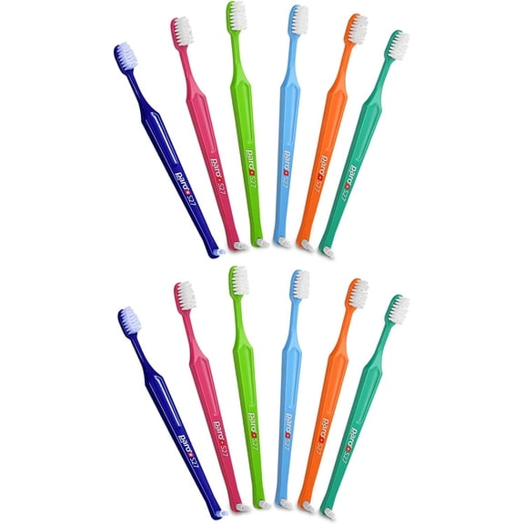 Paro S27 Toothbrush | Small Brush Head with Soft Bristles and Short Handle with Exchangeable Inter Space F | 27 Tufts | 12 Pack