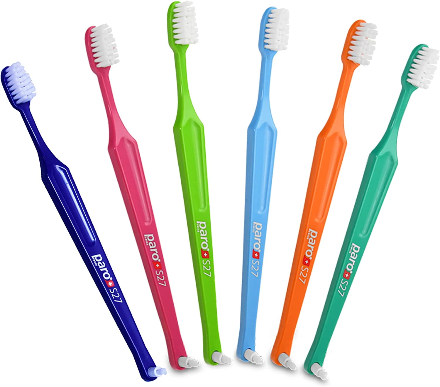 Paro S27 Toothbrush | Small Brush Head with Soft Bristles and Short Handle with Exchangeable Inter Space F | 27 Tufts | 6 Pack