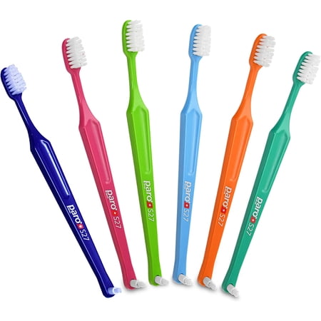 Paro S27 Toothbrush | Small Brush Head with Soft Bristles and Short Handle with Exchangeable Inter Space F | 27 Tufts | 6 Pack