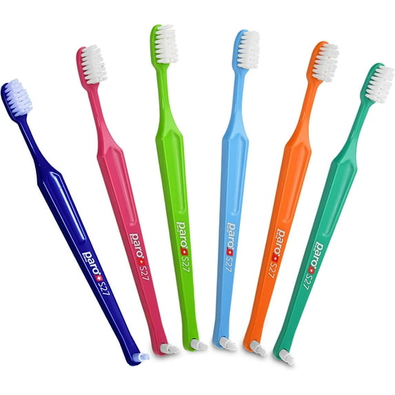 Paro S27 Toothbrush | Small Brush Head with Soft Bristles and Short Handle with Exchangeable Inter Space F | 27 Tufts | 6 Pack