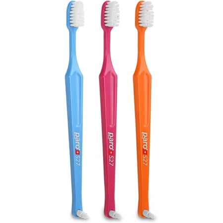 Paro S27 Toothbrush | Soft Bristles with 3 Rows, 27 Tuft and Replaceable Interspace Brush F (3 Pack Multi -Color)