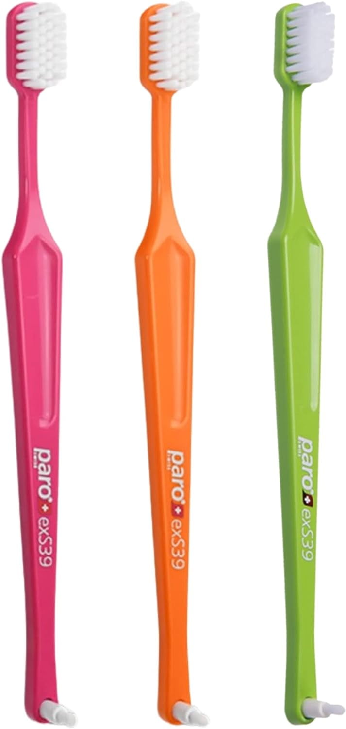 Paro exS39 Extra Sensitive Toothbrush with Interspace Brush F | Dual Features | Ultra Soft Bristles | Unisex | (3 Pack Multi-Color)