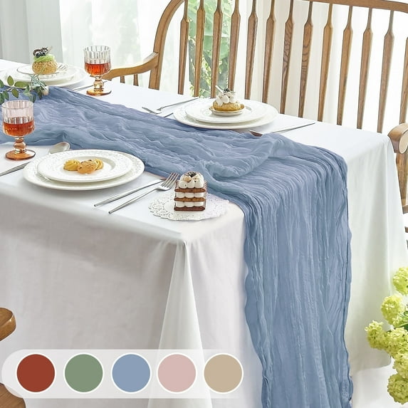 Parojati 1 Pcs Cheesecloth Table Runner 35'' x 120'' inch Dusty Blue Boho Gauze Cheese Cloth Table Runners for Baby Shower Decoration Wedding Party Summer Garden Farmhouse