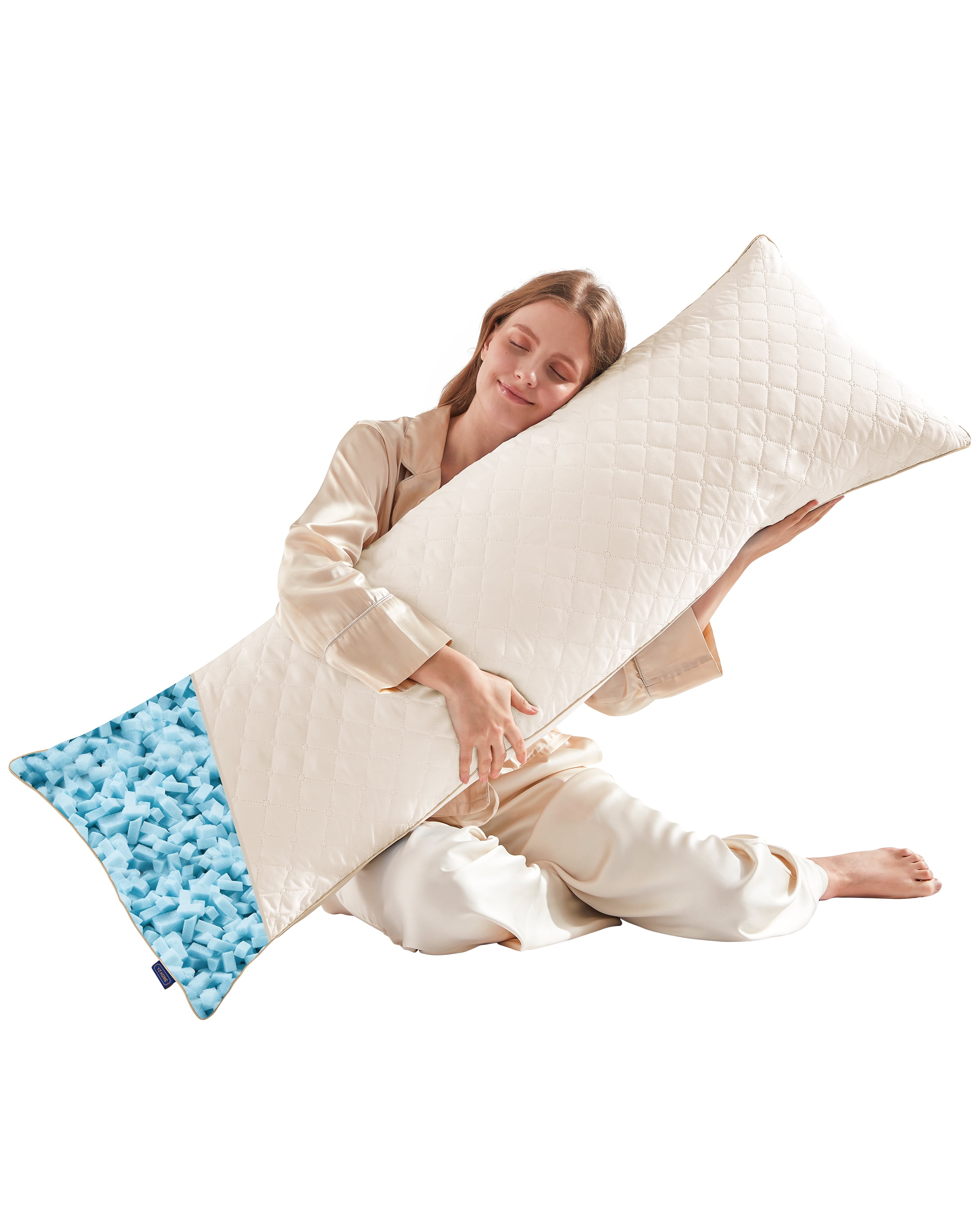 Parojati Long Body Pillow for Adults - Firm Body Pillow Insert with Shredded White Memory Foam, Adjustable Height, Soft Support for Side Sleeping, Pregnant Women, Washable (Beige, 20x54 inch)