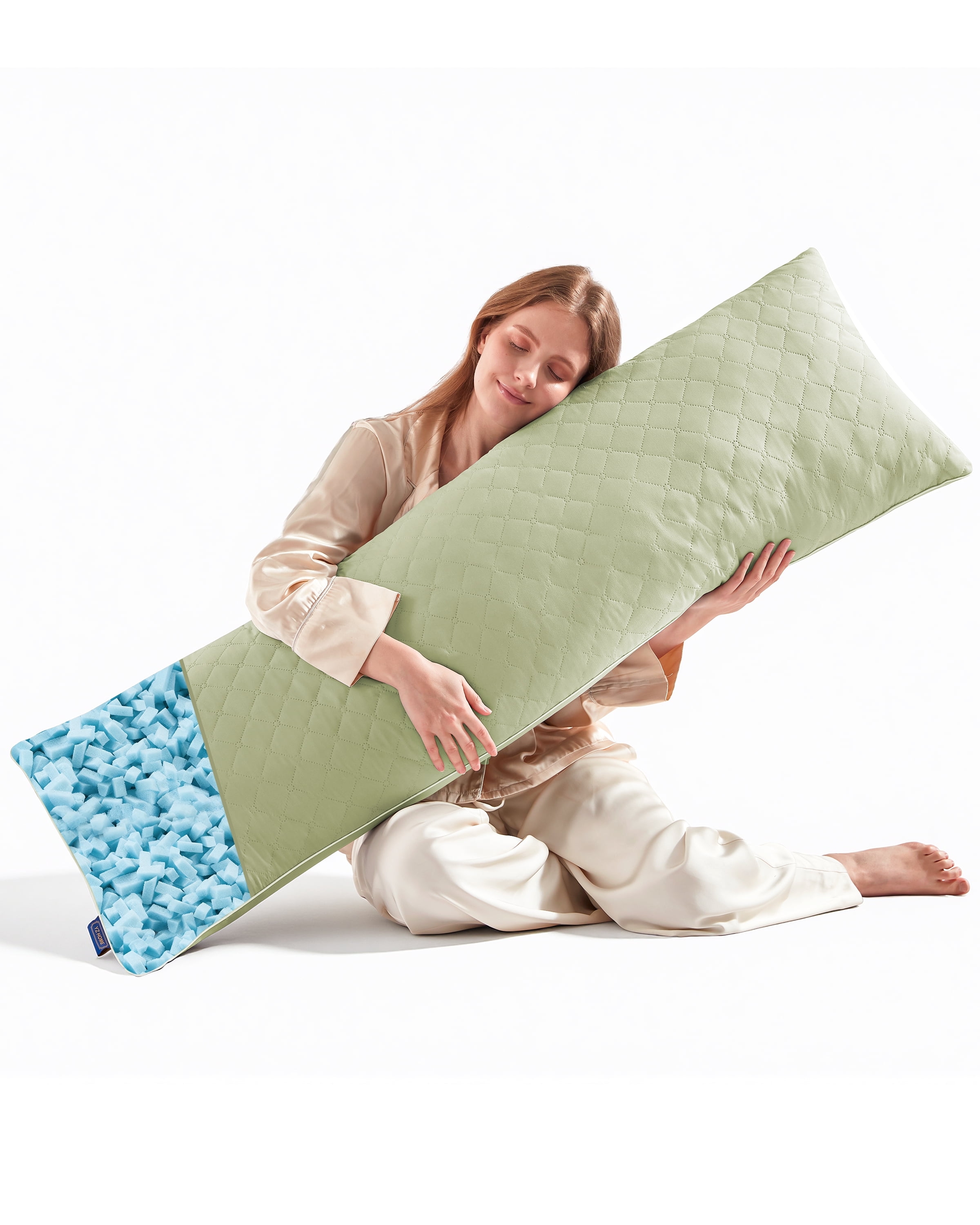 Parojati Long Body Pillow for Adults - Firm Body Pillow Insert with Shredded White Memory Foam, Adjustable Height, Soft Support for Side Sleeping, Pregnant Women, Washable (Green, 20x54 inch)