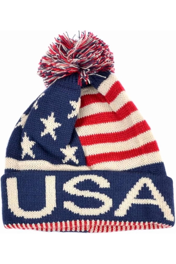 USA Winter Hat - Knit, Cuffed Beanie with Pom Pom, USA Flag Design, Warm Fun for Cold Days
