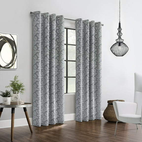 Parrie Jacquard Leaf Total Blackout Grommet Curtain Panel Blackout 52" x 84" in Silver