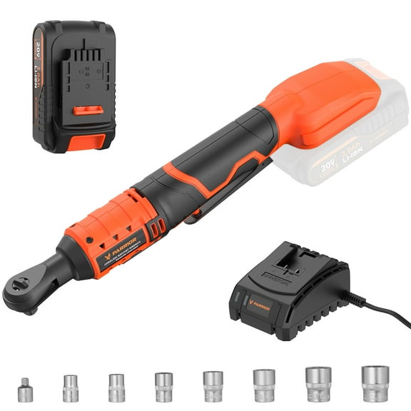 Parrior Cordless Electric Ratchet Wrench, 20V Power Ratchet Variable Speed, 3/8" & 1/4" Adapter with 7 Sockets, 60Nm Torque & 260 RPM, Lithium-Ion Battery