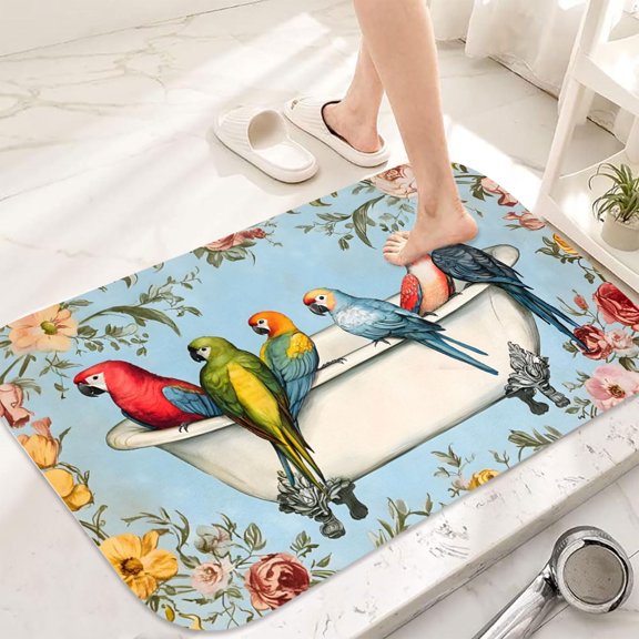 Parrot Bath Flannel Bath Mat 16x24 Inches, Soft Absorbent Non-Slip Bathroom Rug, Machine Washable Floor Mat for Shower