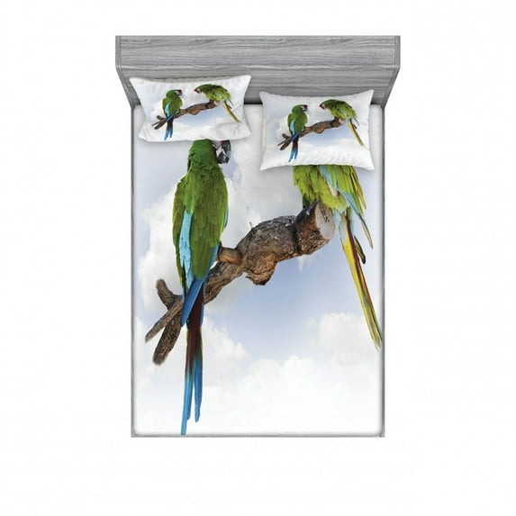 Parrot Bedding Set with Sheet & Covers, 2 Parrot Macaw on a Branch Talking Birds Clever Creatures of the Nature, Printed Bedroom Decor 2 Shams, 4 Sizes, Green White Brown, by Ambesonne
