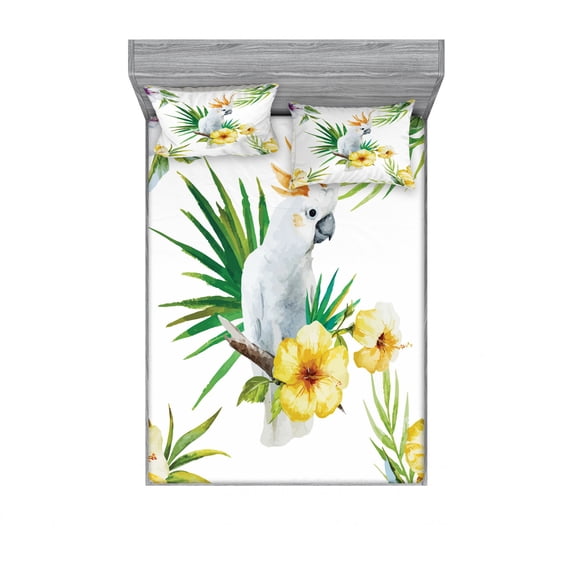 Parrot Bedding Set with Sheet & Covers, Hibiscus with Bird Intelligent Mimic Animals Creatures Wild Regions Artwork, Printed Bedroom Decor 2 Shams, 4 Sizes, White Yellow Green, by Ambesonne