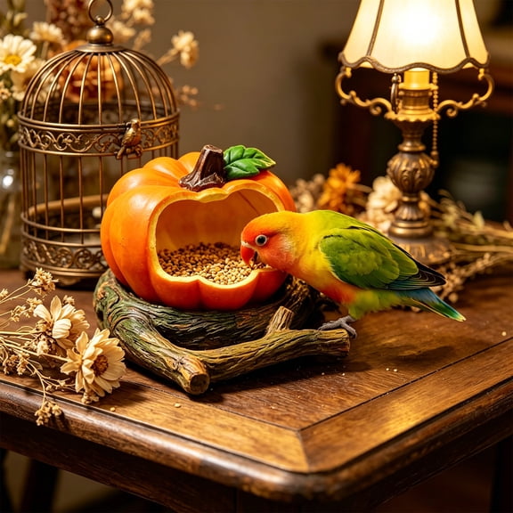 Parrot Bird Feeder Food Cup with Perch, Apple Pumpkin Shape Plastic Clip On Hanging Bowl for Small Medium Birds Birdcage Use