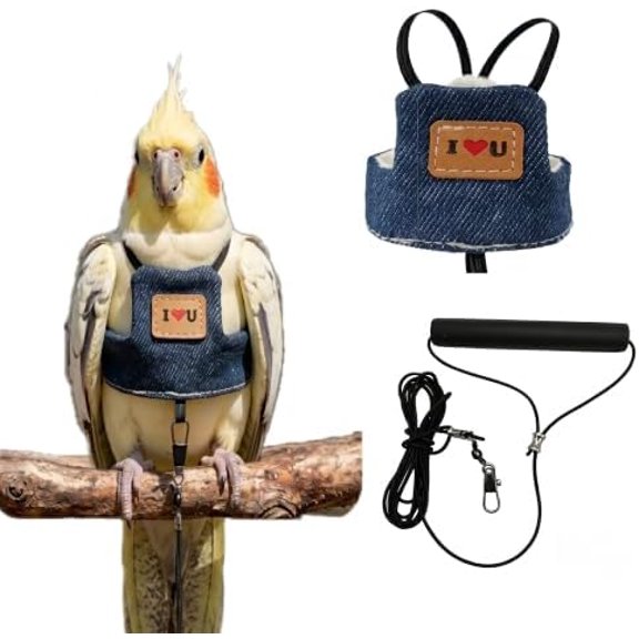 Parrot Bird Harness Leash, Escape Proof Anti-Bite Adjustable Training Rope for Mini Macaw Medium Birds (Blue,M)