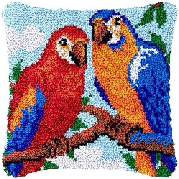 Parrot Bird Latch Hook Kits Pillow Cover DIY Rug Making Crochet Hook Cushion Making Kits with Preprinted Pattern Canvas DIY Needlework Crochet Kits Sofa Decor 43x43cm