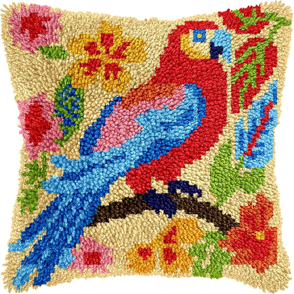 Parrot Bird Latch Hook Pillow Kits for DIY Throw Pillow Cushion Embroidery Latch Hooking Pillowcase Kits with Preprinted Canvas Crochet Yarn Kits for Home Decor 17''X 17''(d44)