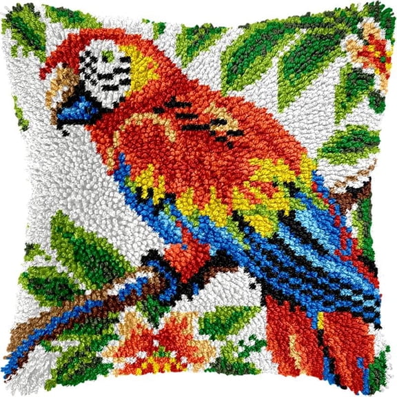Parrot Bird Latch Hook Pillows Kits Cushion Pillow Cover with Pattern PrintedCanvas Sofa Hooking Pillows Crafts Embroidery Latching Hooking Crochet Kits 17x17 inch(214)
