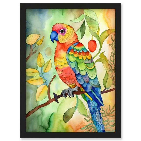 Parrot Bird On Tree Branch Folk Art Watercolour Painting Artwork Framed Wall Art Print A4