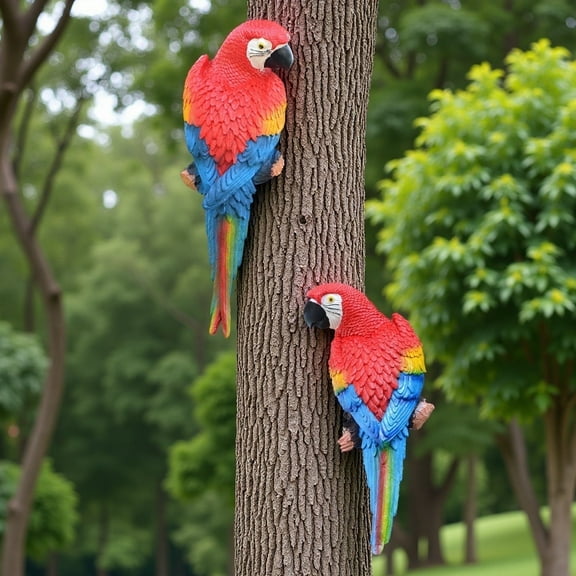 Parrot Garden Statue Exotic Bird Perch Style - UV Resistant Outdoor Decor - Red